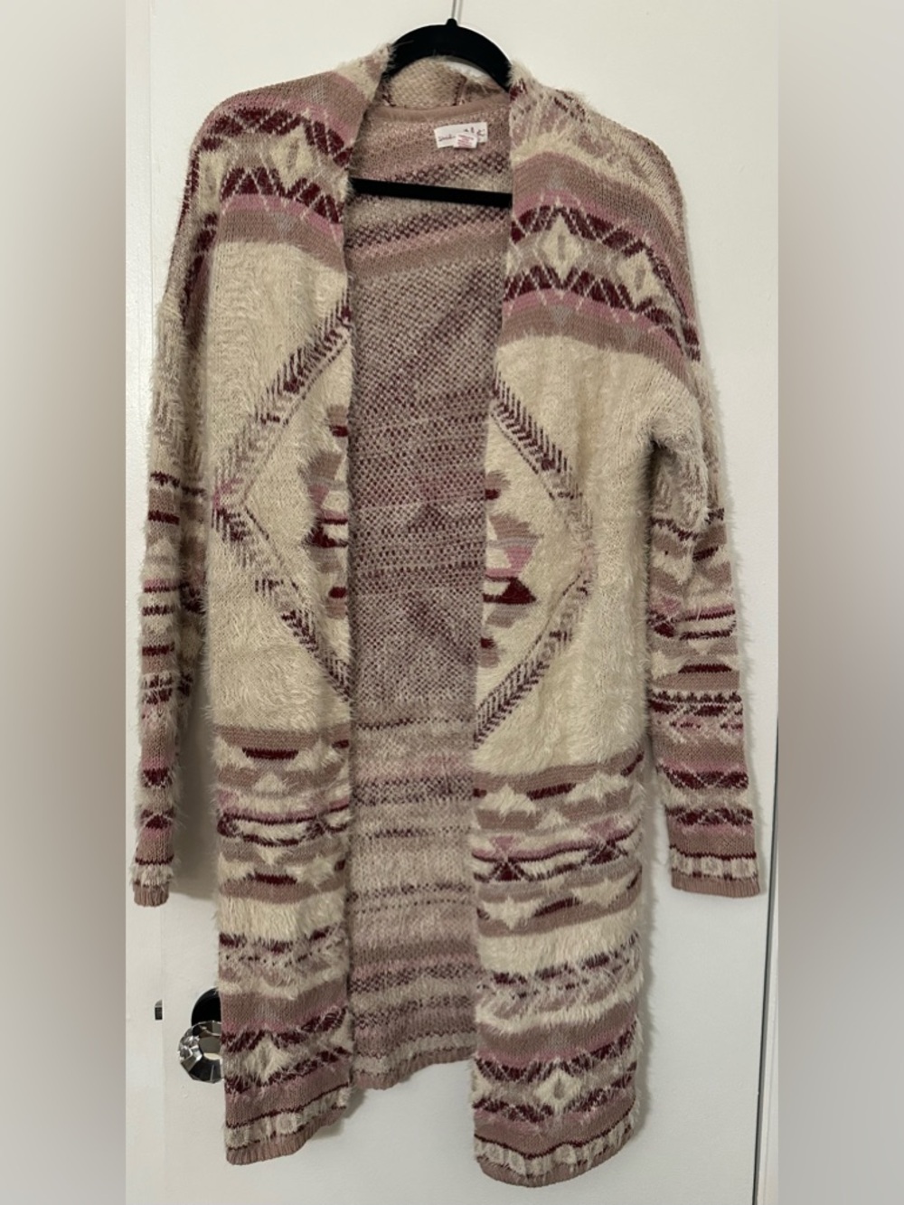 Cozy Cream and Mauve Patterned Open-Front Women's Sweater Cardigan
